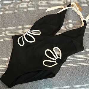Elegant Black One-Piece Swimsuit with White Accents